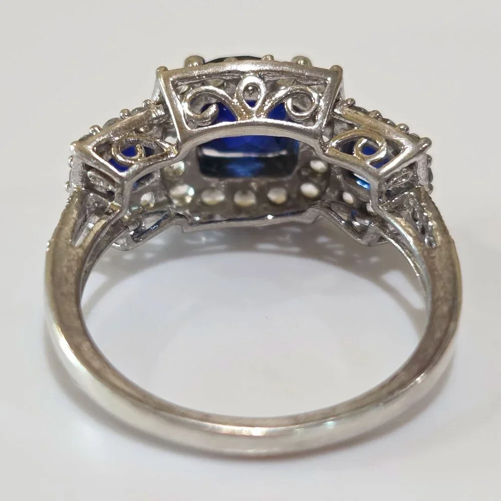Cushion Cut Blue Three (3) Stone CZ Accent 925 Sterling Silver Ring Size 6.75